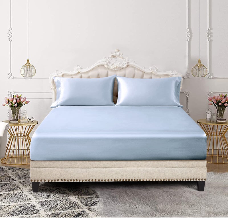 SiinvdaBZX 3-Piece Set Satin Queen Fitted Sheet & 2 Pillowcase  Baby Blue Silky Soft Fitted Bottom Sheet  Wrinkle Free  Fade Resistant  Deep Pocket Bed Sheet (Deep Up to 15"") - Image 4